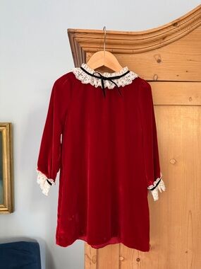 Doen Red Velvet Dress with Lace Collar
